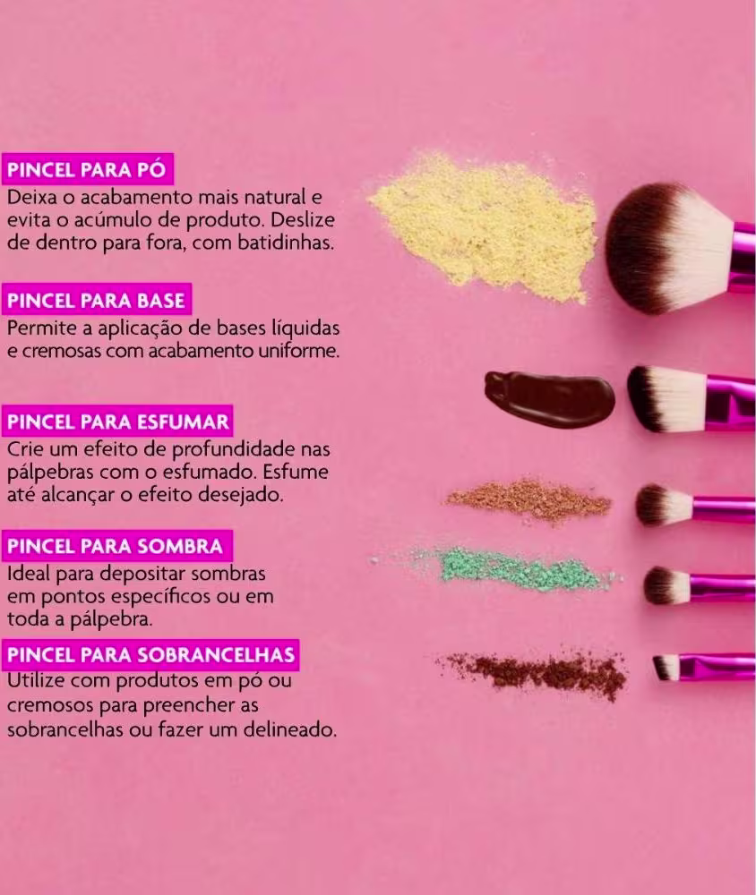 A imagem mostra as pontas dos cinco pincéis de maquiagem e um texto à frente deles indicando a sua função.