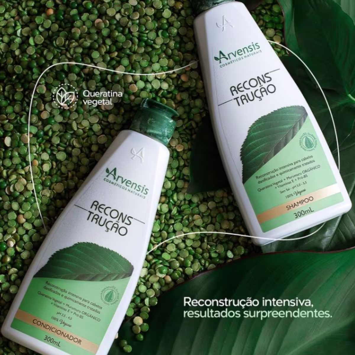 Shampoo e Condicionador Reconstrução de Arvensis Cosméticos Naturais. Volumetria 300ml.