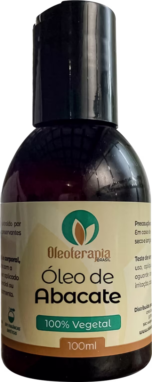 O produto apresentado é um óleo de abacate da marca Oleoterapia Brasil, com volume de 100ml.