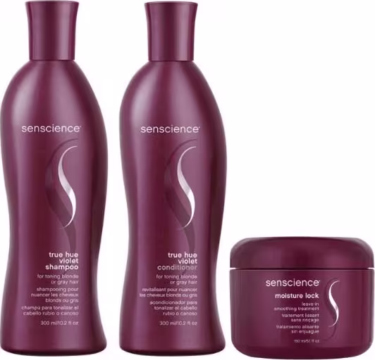 Kit Senscience True Hue Violet + Moisture Lock Home Care, 3 produtos.