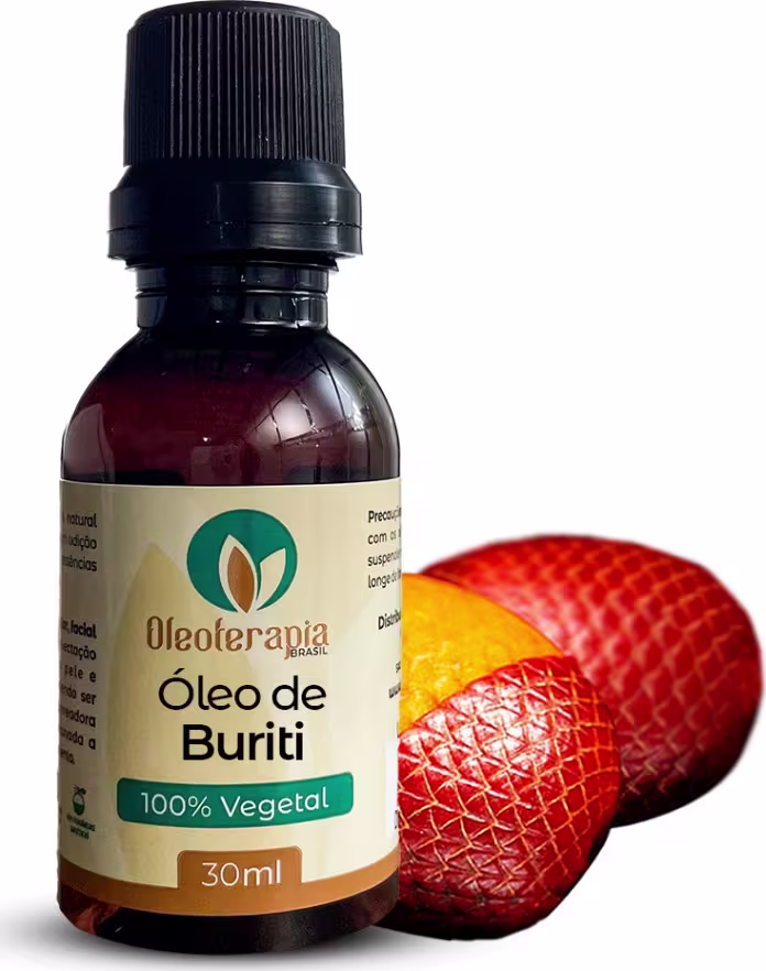 O produto apresentado é um frasco de óleo de buriti da marca Oleoterapia Brasil.  Ao lado do frasco, há um fruto de buriti, ativo do óleo vegetal.