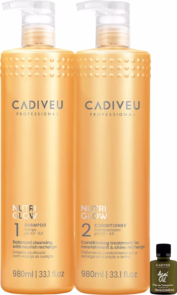 Dois frascos de 980ml da linha Nutri Glow da Cadiveu Professional, contendo shampoo e condicionador, com embalagem dourada e detalhes em branco. Também é apresentado um frasco de 10ml de Óleo de Açaí da marca.