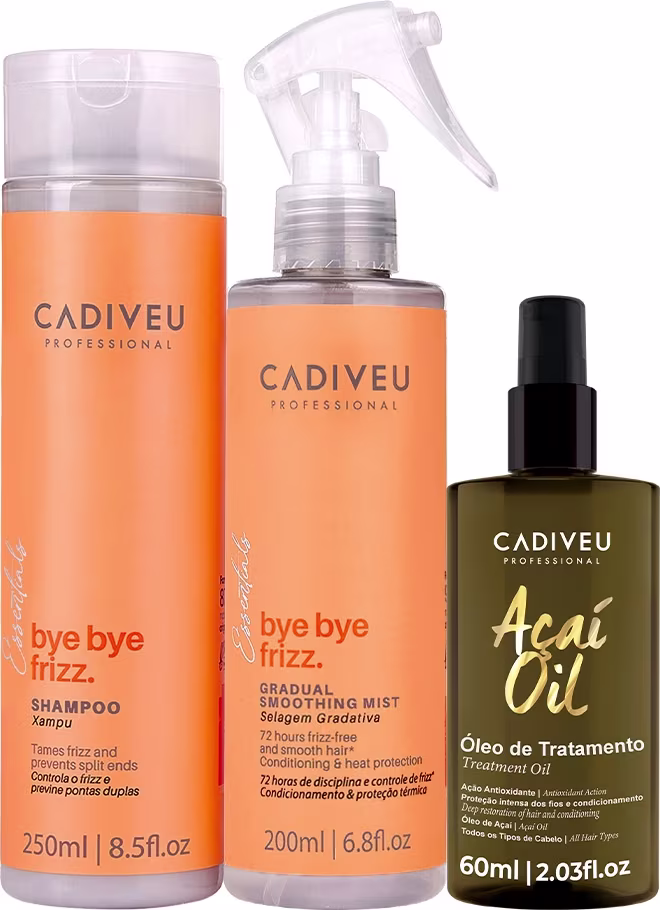 Cadiveu Professional Bye Bye Frizz Gradual Smoothing Mist em frasco de 200ml e Shampoo Bye Bye Frizz 250ml com rótulo laranja e Óleo de Tratamento Acai Oil em frasco de 60ml.