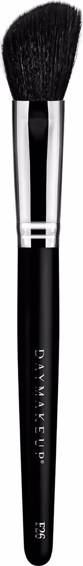 A imagem mostra um pincel, com cabo preto, detalhe cromado e cerdas pretas.