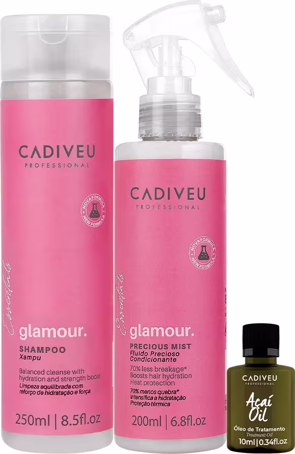 Conjunto de produtos Cadiveu Professional, incluindo um  shampoo de 250ml, um frasco de spray condicionante de 200ml e um óleo de tratamento Açaí de 10ml
