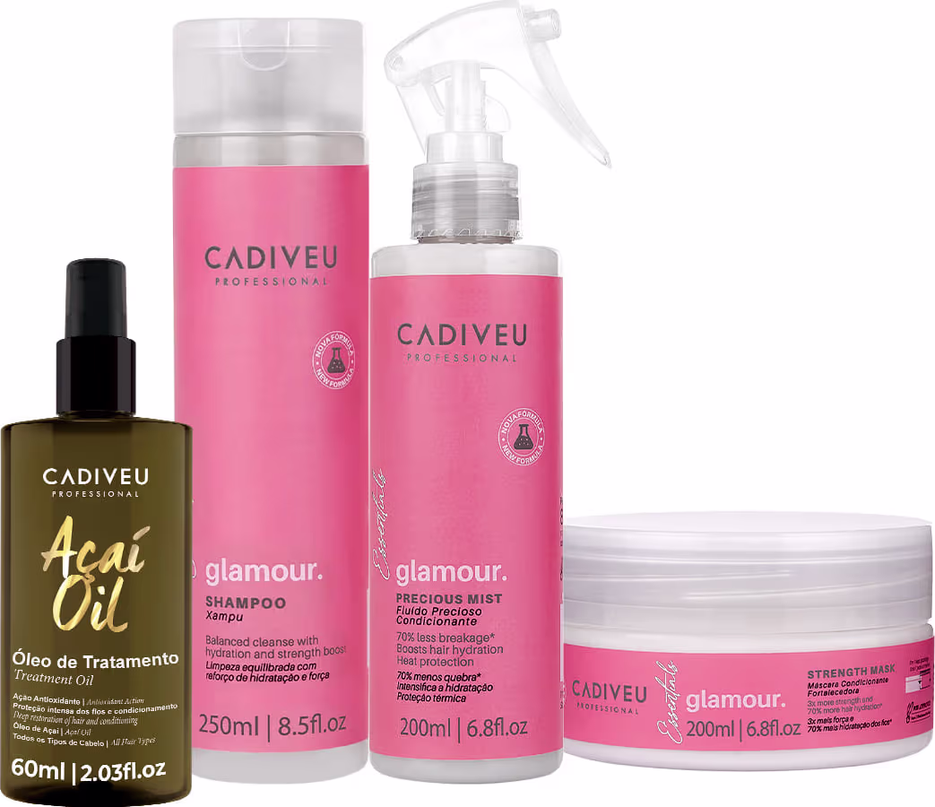 Produtos Cadiveu Professional: frasco de óleo de tratamento Acai Oil, frasco de shampoo Glamour, frasco spray Precious Mist e pote de máscara Glamour.