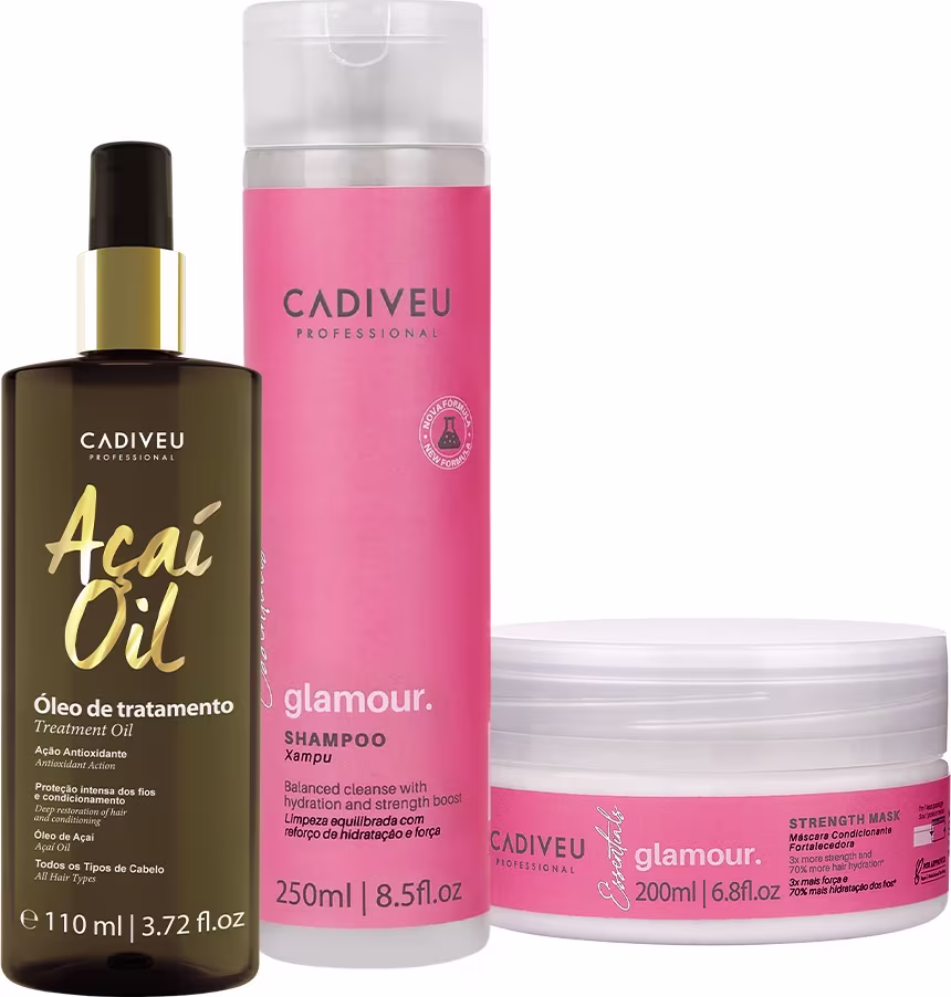Produtos Cadiveu Professional: Óleo de Tratamento de Açaí (110ml), Shampoo Glamour (250ml) e Máscara Fortalecedora Glamour (200ml), em embalagens com cores predominantes verde, rosa e branca.