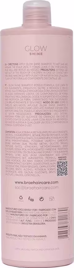 Produto de cuidado capilar Glow Shine da marca Brae. Embalagem plástica transparente na cor rosa claro. Rótulo com texto em português e inglês descrevendo o produto como um shampoo para cabelos brilhantes.