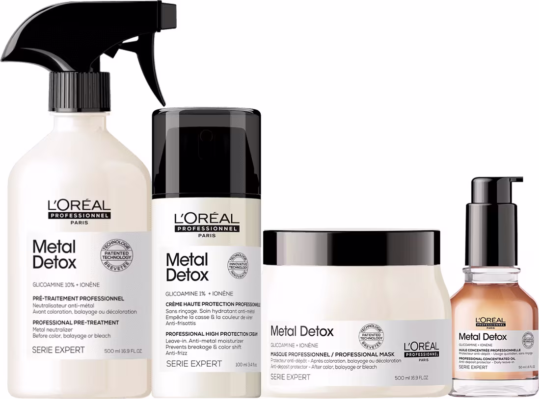 Linha de produtos de cuidados capilares da marca L'Oréal Professionnel, chamada Metal Detox. Os produtos incluem um pré-tratamento, um creme de alta proteção, um sérum e uma máscara. Todas as embalagens exibem o nome "Metal Detox".