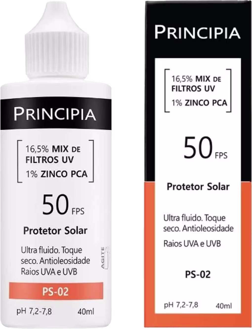 Protetor solar em frasco plástico branco com tampa tipo conta-gotas. Rótulo preto com texto "Principia" e detalhes do produto: "Protetor Solar Ultra fluido, Toque seco, Antioleosidade, Raios UVA e UVB".