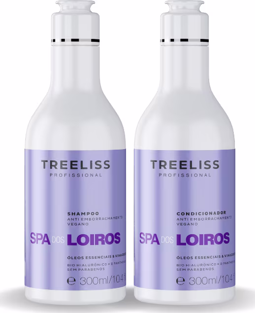 Dois frascos de 300ml cada, contendo shampoo e condicionador da linha Spa dos Loiros da TreeLiss Profissional. Os frascos têm formato cilíndrico com gargalo estreito e tampa branca. Os rótulos são na cor roxa, com o nome da marca, linha e tipo de produto.