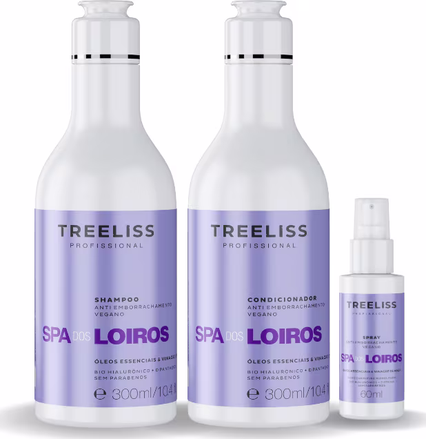 Produtos de cuidados capilares TreeLiss Profissional para cabelos loiros. Dois frascos de 300ml cada, contendo shampoo e condicionador veganos com óleos essenciais. Rótulos roxos com o nome "SPA dos Loiros". Um frasco menor de spray de 60ml na mesma linha