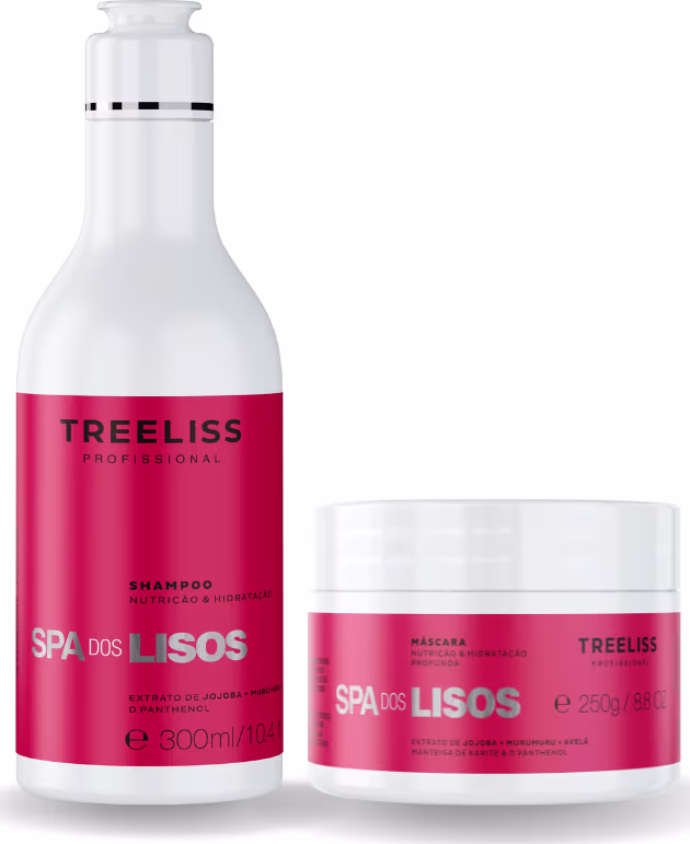 Produtos de cabelo TreeLiss Profissional da linha Spa dos Lisos. Um shampoo nutritivo de 300ml, com rótulo vermelho e detalhes em preto. Uma máscara de nutrição e hidratação em pote de 250g, com rótulo vermelho e detalhes em preto.