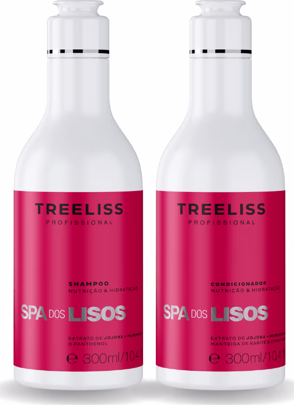 Dois frascos contendo produtos para cabelos da marca TreeLiss Professional. A parte inferior é vermelha com o nome da marca. Acima, há rótulos indicando que um frasco contém "Shampoo Nutrição & Hidratação" e o outro "Condicionador Nutrição & Hidratação".