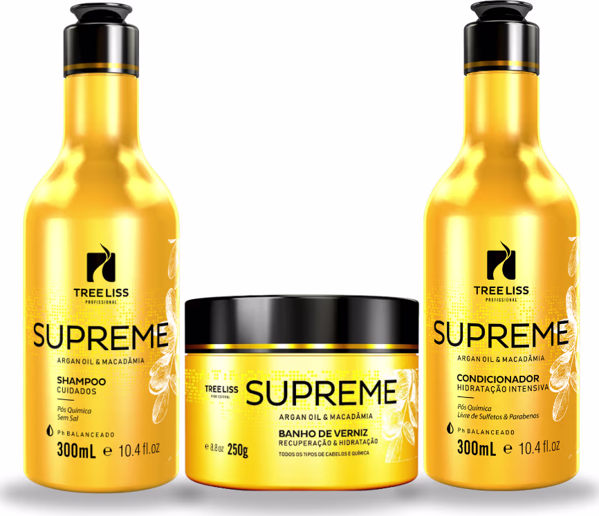Três produtos da linha Supreme da marca TreeLiss Profissional. São dois frascos de 300ml cada, contendo shampoo e condicionador, e um pote de 250g com banho de verniz para cabelos.