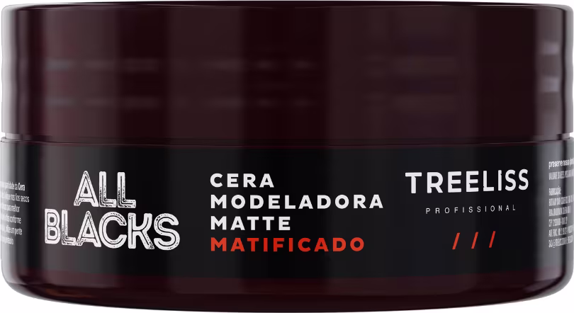Cera modeladora matte matificado da linha All Blacks da marca TreeLiss Profissional. Embalagem na cor marrom escuro. Rótulo com o nome do produto "Cera Modeladora Matte Matificado" em letras brancas.