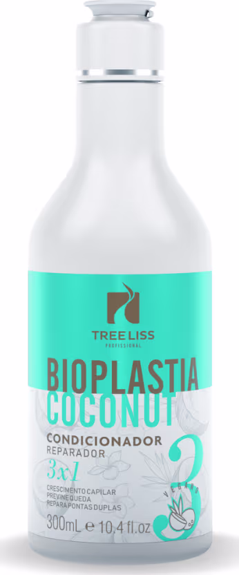 Condicionador reparador Bioplastia Coconut da marca TreeLiss Profissional. Embalagem plástica na cor branca com detalhes em turquesa. Frasco cilíndrico de 300ml, rótulo frontal com o logotipo da marca e nome do produto.
