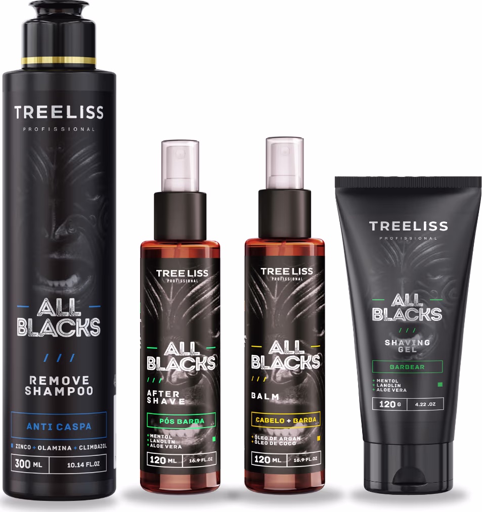 Produtos de cuidado capilar e barbear da linha All Blacks da marca TreeLiss Profissional. Inclui um shampoo anti-caspa de 300ml, um bálsamo Cabelo+Barba de 120ml, um pós barba de 120ml e um gel de barbear de 120g.