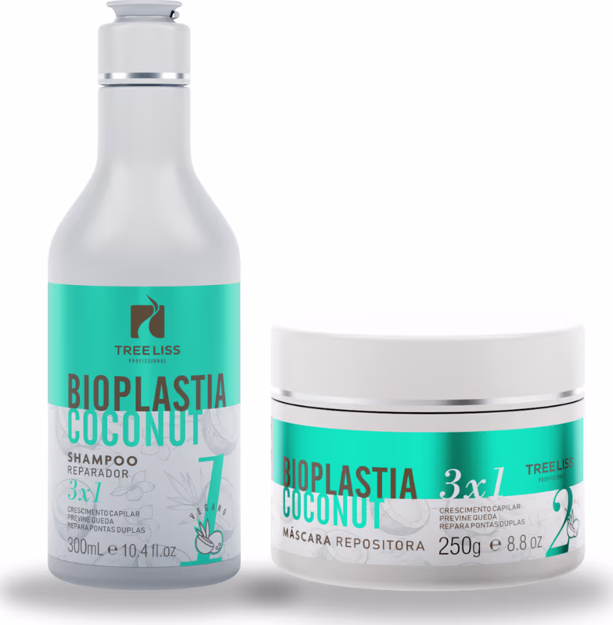 Shampoo 300ml em frasco branco e máscara 250g em pote branco. Ambos com rótulo turquesa e marrom.