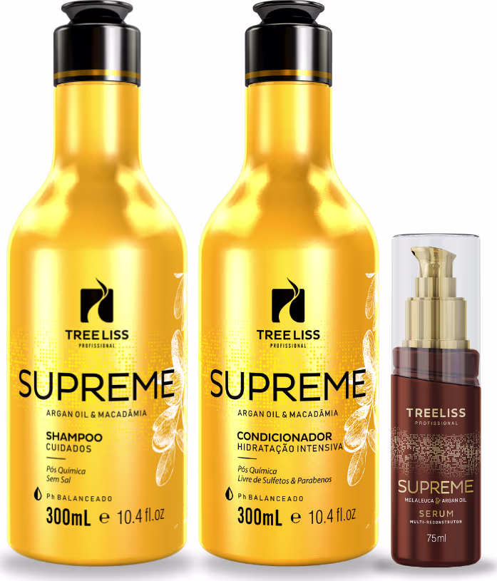 Linha de cuidados capilares da marca TreeLiss Profissional chamada "Supreme". Inclui dois frascos de plástico amarelos de 300ml cada, um contendo shampoo e o outro condicionador. Há também um frasco menor de 75ml com um sérum de cor marrom escuro.