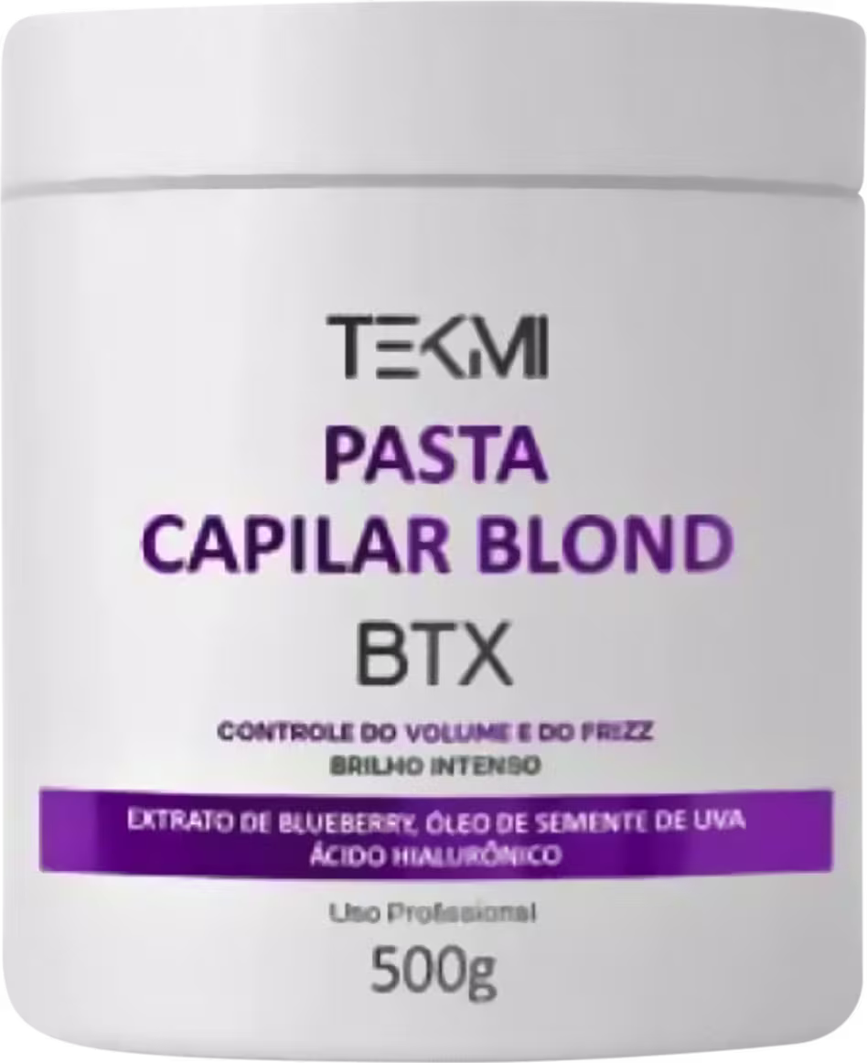 Embalagem branca com a descrição "PASTA CAPILAR BLOND BTX - Controle do volume e do frizz, brilho intenso". Contém 500g do produto.