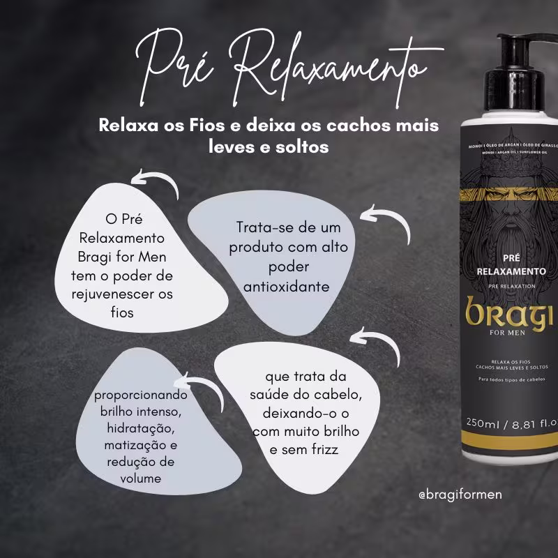 A imagem destaca em alguns tópicos os principais benefícios deste tratamento capilar. No canto direito está o frasco do produto em um fundo escuro, destacando os elementos da composição.