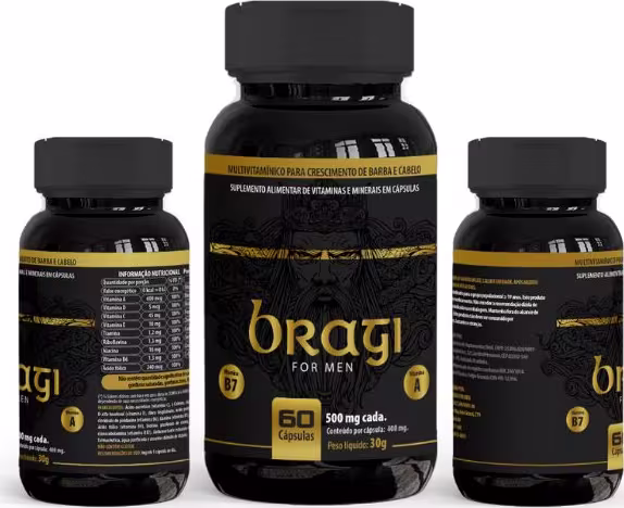 A imagem mostra três frascos de um suplemento alimentar. Os frascos são pretos com detalhes em amarelo dourado. Um frasco maior fica no meio, ladeado por dois frascos menores idênticos.