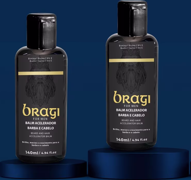 A imagem mostra dois frascos do balm acelerador para barba e cabelo. Eles estão em um fundo azul escuro e em cima de duas plataformas arredondadas que destacam os produtos, sendo uma um pouco mais alta que a outra.