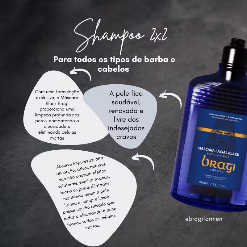 A  imagem traz o frasco em azul do produto destacado ao lado de caixas de texto explicativas sobre seus benefícios. Tudo isso em um fundo escuro, ressaltando os elementos da composição.