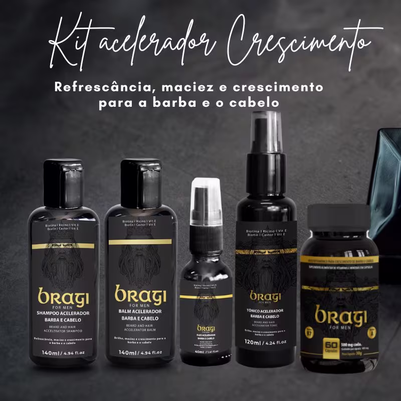 A imagem mostra uma linha de produtos "Bragi For Men" um ao lado do outro. Os itens estão em um fundo cinza mais escuro e acima há um texto descritivo com os principais benefícios do Kit.