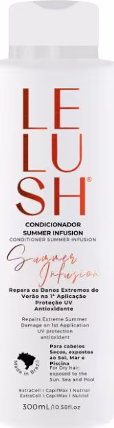 A imagem mostra um frasco de condicionador branco de 300ml. As cores predominantes são o branco para o frasco e o laranja/marrom para os dizeres "Lelush" e as informações adicionais.