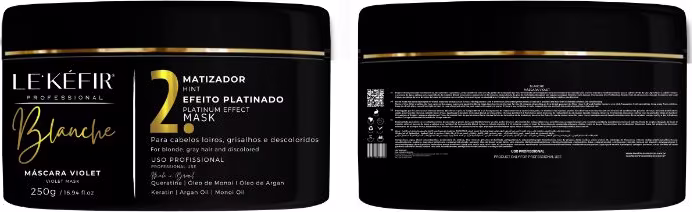 A imagem mostra a frente e o verso do pote da máscara capilar. Na parte da frente há um rótulo com o logo e o nome do produto. Na parte traseira, apresenta informações detalhadas sobre a fórmula e alguns dados adicionais.