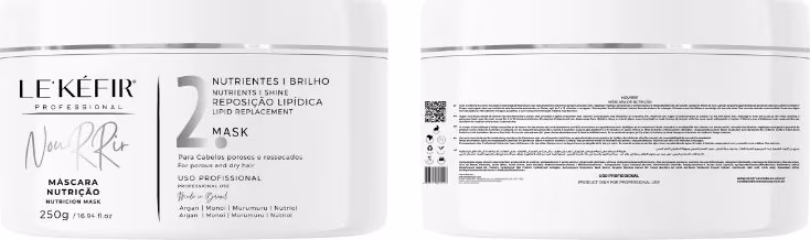 A imagem mostra a frente e o verso do pote da máscara capilar. Na parte da frente há um rótulo com o logo e o nome do produto. Na parte traseira, apresenta informações detalhadas sobre a fórmula e alguns dados adicionais.
