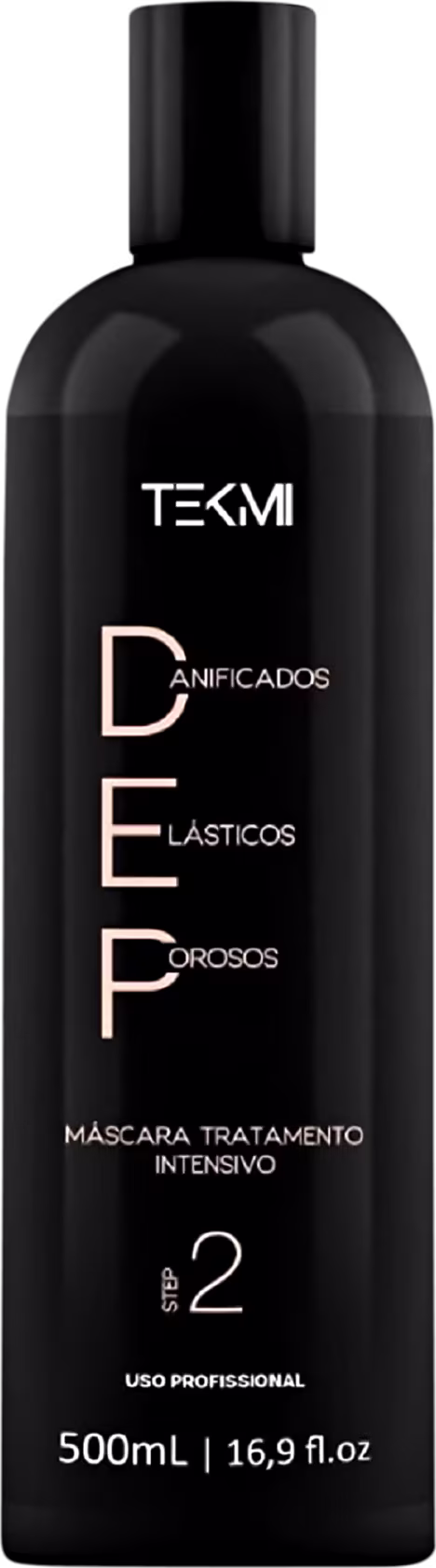 Frasco preto da linha Tekmi Cosméticos, escrito "Densificados, Elásticos, Porosos" e "Máscara Tratamento Intensivo" em letras brancas. Capacidade de 500ml e a aparência minimalista e sofisticada.