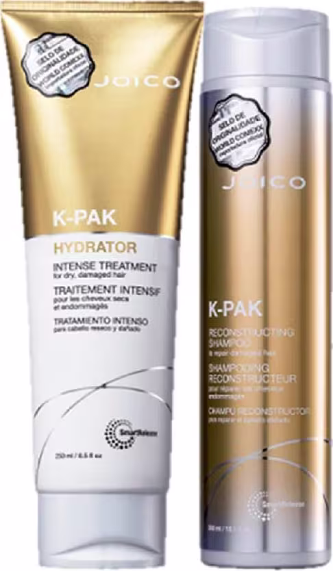 A imagem mostra dois produtos de tratamento capilar da marca Joico: shampoo e máscara K-PAK com embalagem dourada com branco.