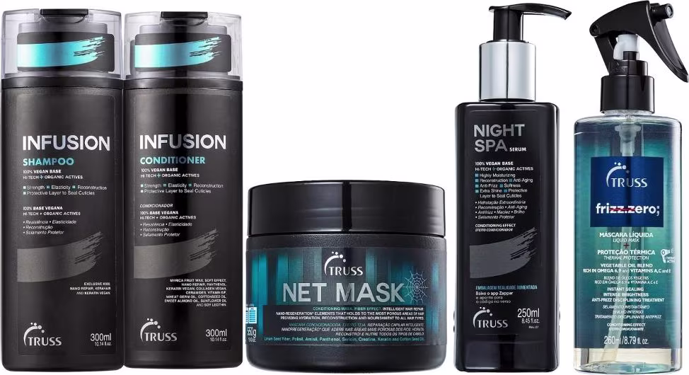 Kit com shampoo e condicionador Infusion, máscara Net Mask, Sérum de Tratamento Night SPA e tratamento condicionante Frizz Zero.