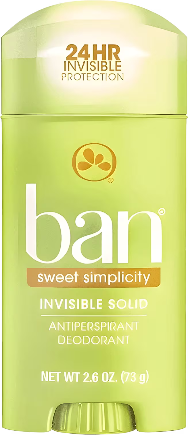 A imagem mostra um desodorante antitranspirante em barra sólida da marca Ban. O produto é embalado em um caso plástico cilíndrico de cor verde clara. Na parte superior, há uma Tampa protetora transparente.