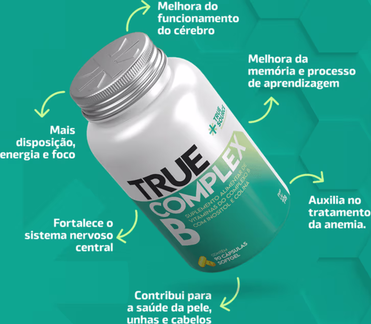 É um suplemento alimentar chamado True Complex B. O produto vem em um frasco branco com tampa prateada. O texto destaca os benefícios alegados, como melhorar o funcionamento cerebral, tratar anemia e contribuir para a saúde da pele, unhas e cabelos.