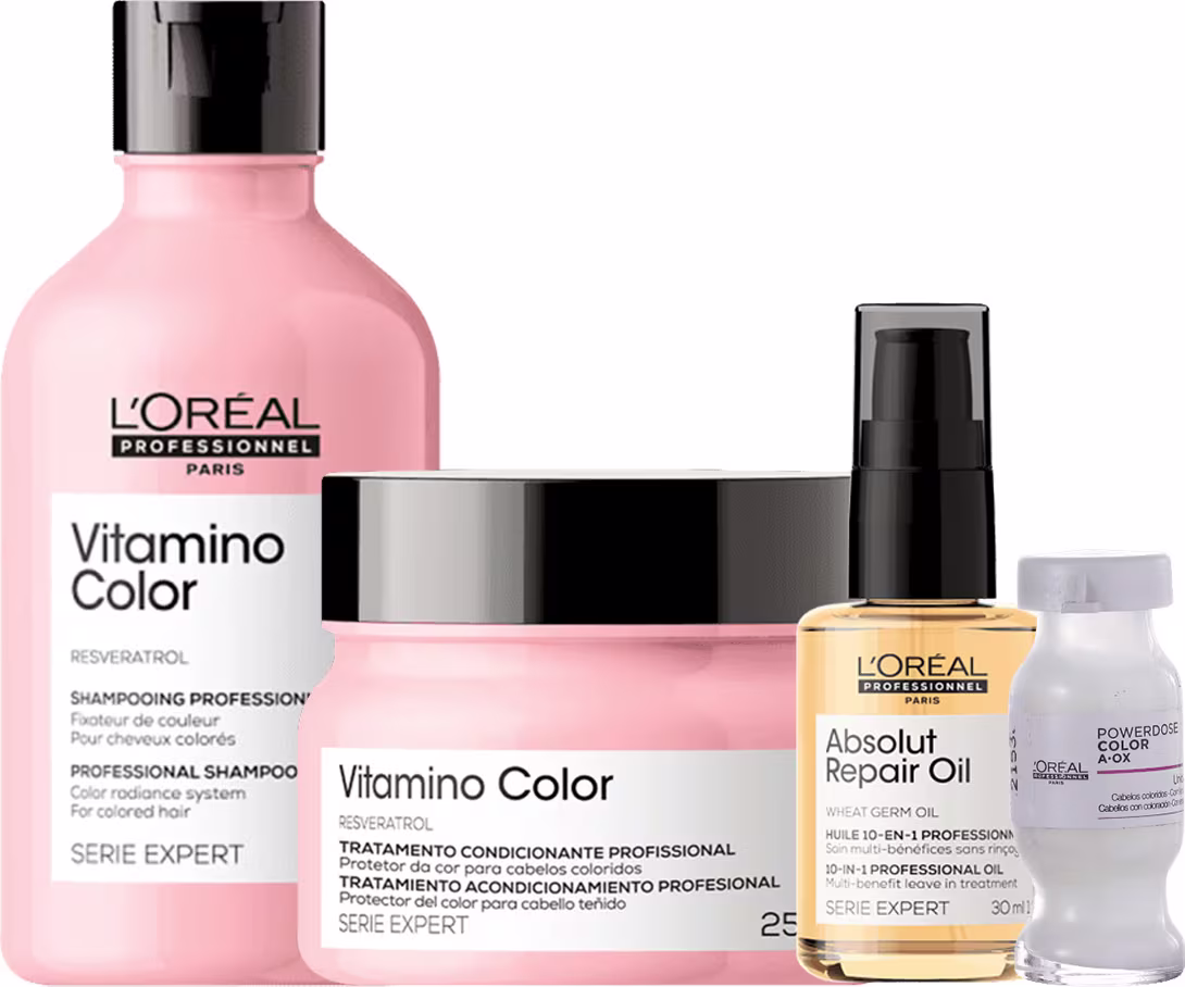 A imagem mostra quatro produtos de cuidados capilares da linha L'Oréal Professionnel. Há um frasco rosa de shampoo, um pote rosa de máscara capilar, um frasco âmbar de óleo reparador e uma ampola branca com um produto concentrado.