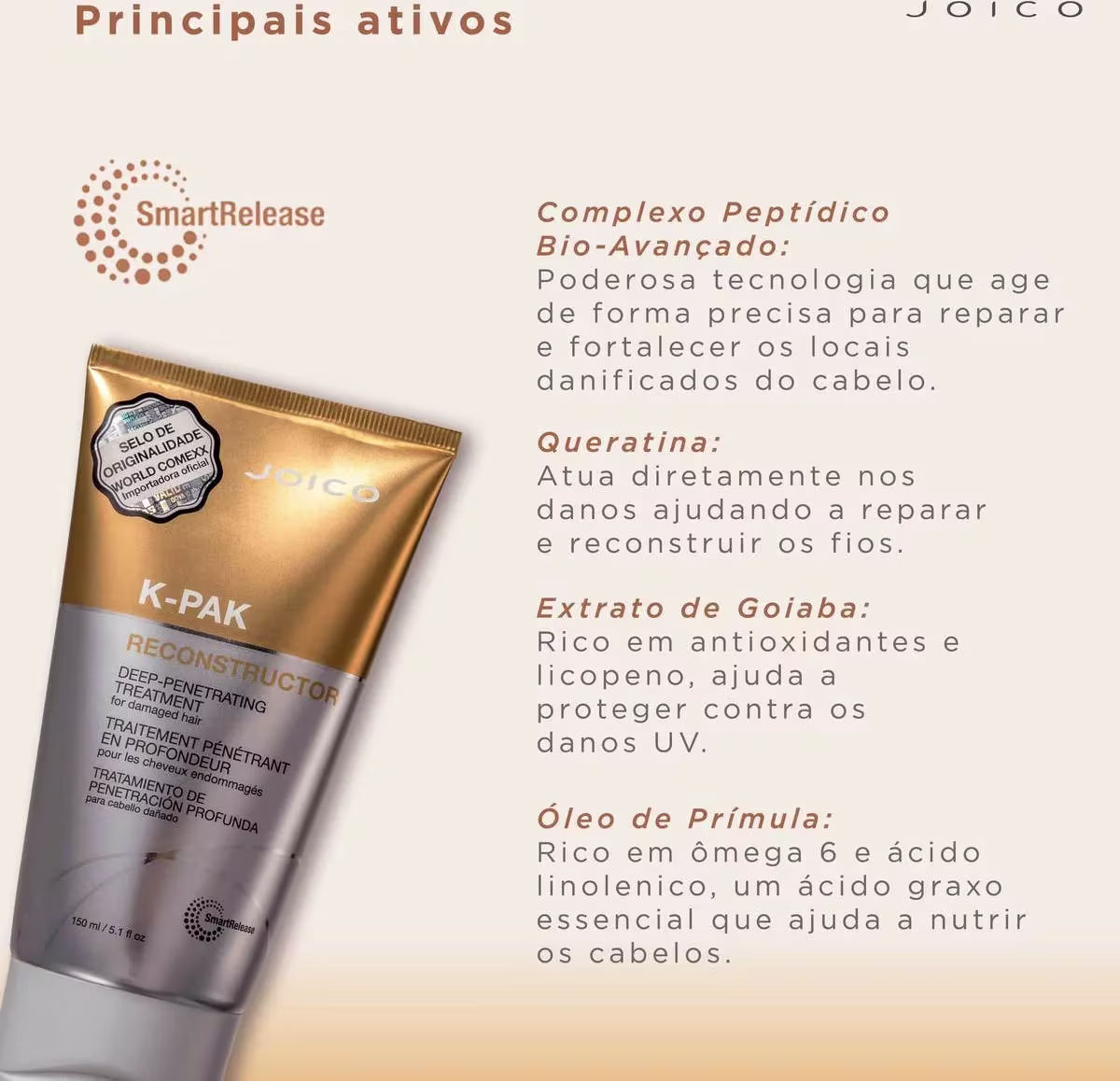 O produto apresentado é um tratamento capilar da marca Joico chamado K-PAK Reconstructor. Ao lado, texto sobre os ativos queratina, extrato de goiaba, óleo de prímula e complexo peptidico.