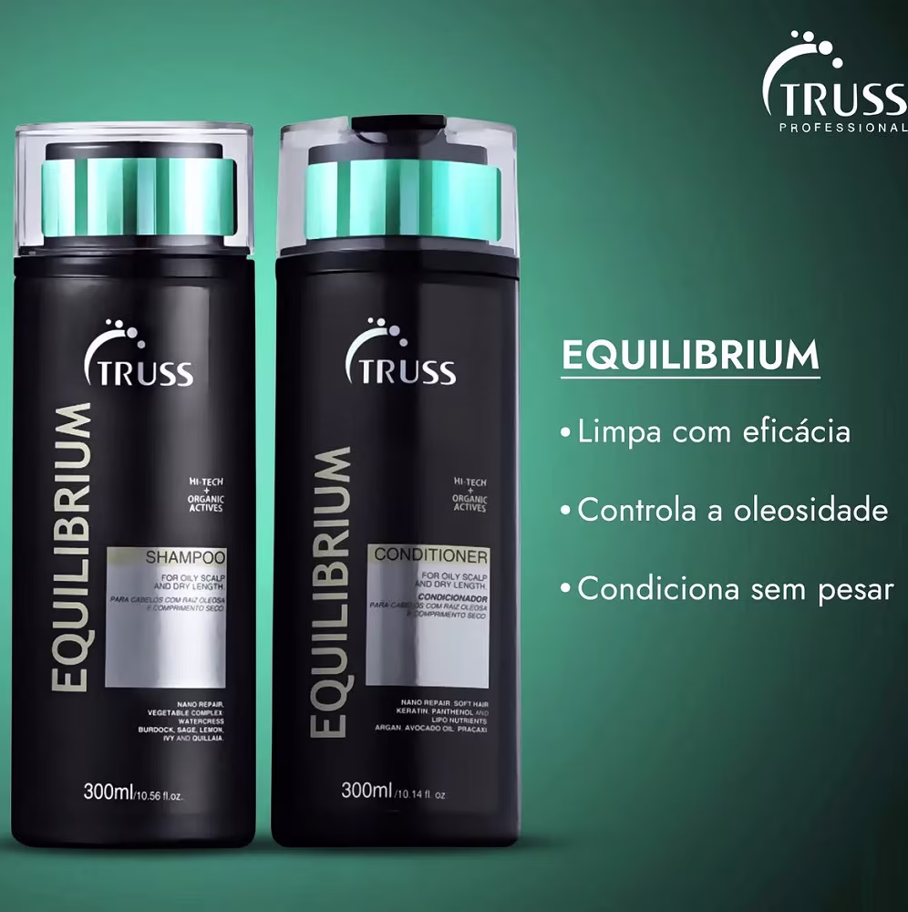 A imagem apresenta um shampoo e um condicionador, todos com embalagens plásticas pretas de 300ml. Os frascos tem o nome da linha "Equilibrium" e o logo da Truss.