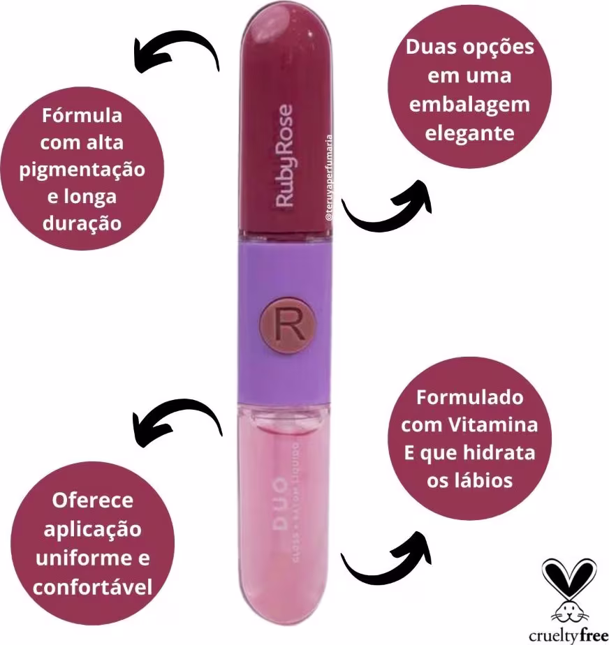A embalagem possui o logotipo da marca Ruby Rose e destaca que o produto possui alta pigmentação e longa duração, além de ser formulado com vitamina E para hidratar os lábios. Também é mencionado que o produto é cruelty-free.