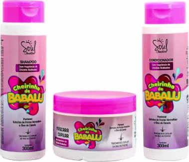 A imagem mostra dois frascos de 300ml de shampoo e condicionador nas pontas e um pote redondo no meio de máscara capilar. Todos brancos, com tampa rosa e rótulo rosa e lilás.