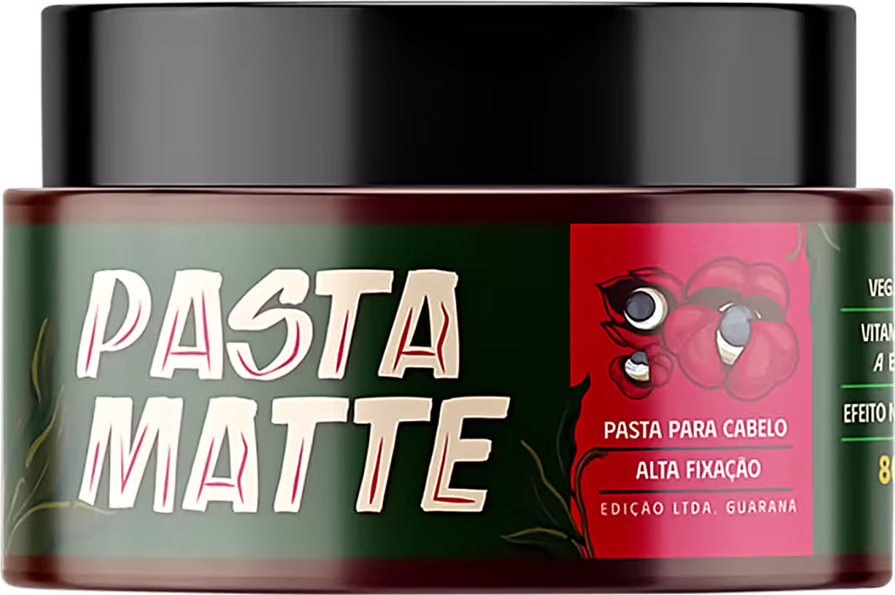 Pasta matte, uma pasta para cabelo em embalagem preta com rótulo verde e vermelho, contendo informações sobre a alta fixação e edição limitada com guaraná.