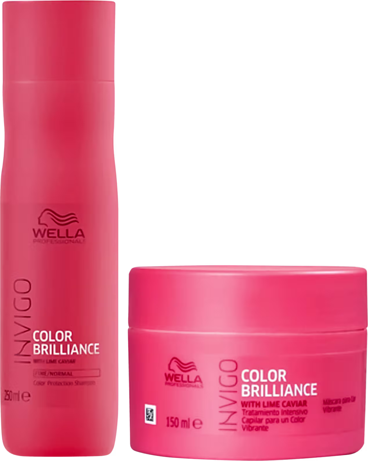 Dois produtos da linha Wella Professionals Color Brilliance, incluindo um frasco de shampoo vermelho e um pote de máscara também na cor vermelha, com o logo da marca e informações sobre o tratamento com caviar de limão.