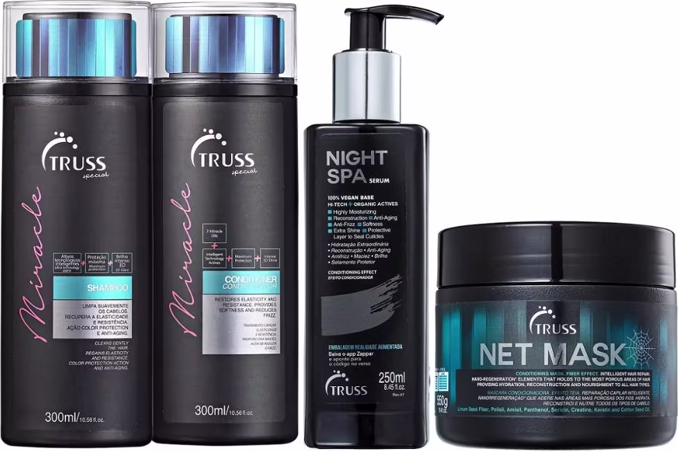 O conjunto de produtos Truss inclui shampoo, condicionador, sérum para noite e máscara capilar. As embalagens são em tons de preto e azul, com rótulos e informações sobre os benefícios dos produtos.