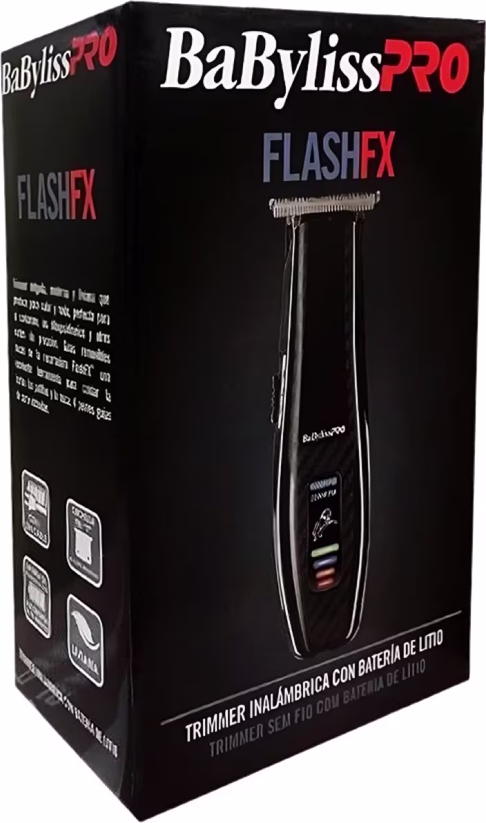 A embalagem é uma caixa preta com detalhes em vermelho e branco. Na parte frontal, há uma imagem do aparelho e informações como Trimmer inalámbrico con batería de litio (Trimmer sem fio com bateria de lítio). Também são exibidos ícones de características.
