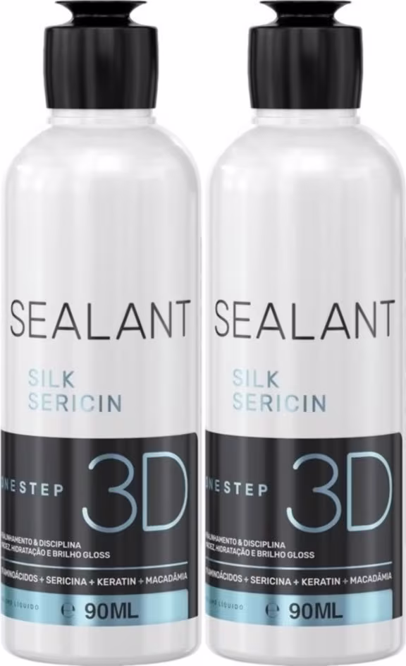 Dois frascos de Selagem 3D da marca Borabella. O rótulo também menciona que se trata de um tratamento de seda sericina, com uma fórmula semidefinitiva de um passo. Cada frasco contém 90ml de capacidade.