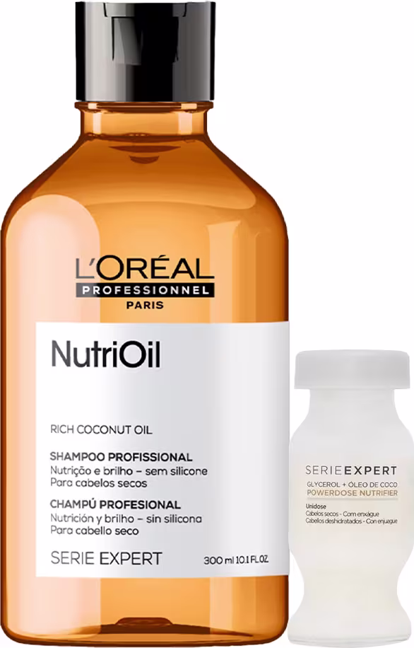 A imagem mostra dois produtos de cuidados capilares da linha Serie Expert da L'Oréal Professionnel. O primeiro é um shampoo NutriOil em um frasco âmbar. O segundo produto é uma ampola em frasco pequeno.
