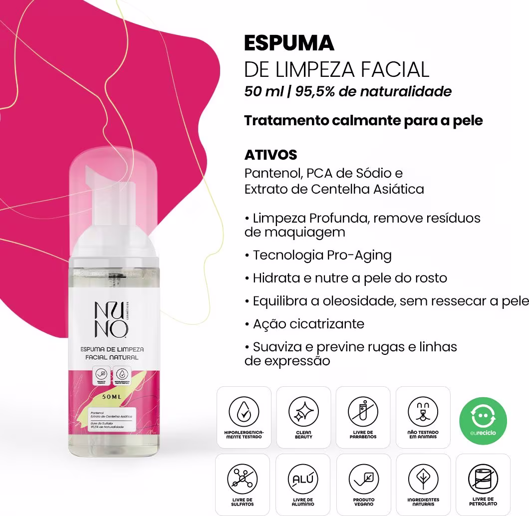 Na imagem uma Espuma de Limpeza Facial. O produto vem em um frasco de 50ml com um design clean e moderno.